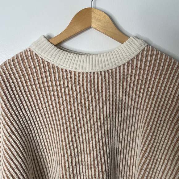Aerie Chenille Striped Oversized Knit Sweater Pullover Tan Cream XL Chunky - Picture 4 of 8
